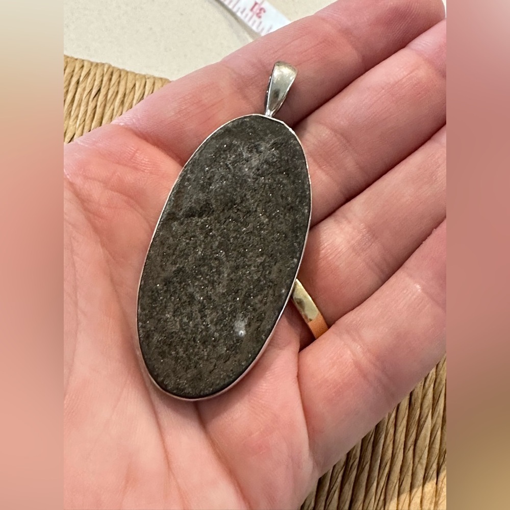 925 stamped silver and rough sparkly stone oval cut pendant thick